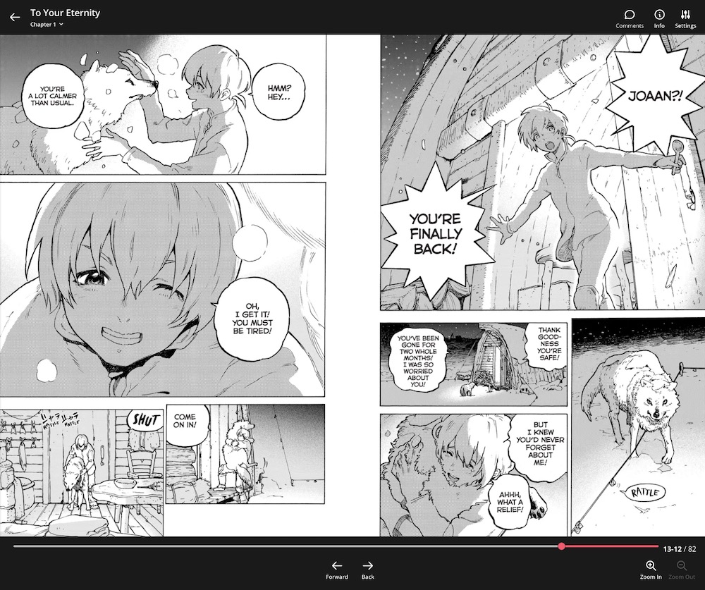 A web-based manga reader showing two pages of the series To Your Eternity.